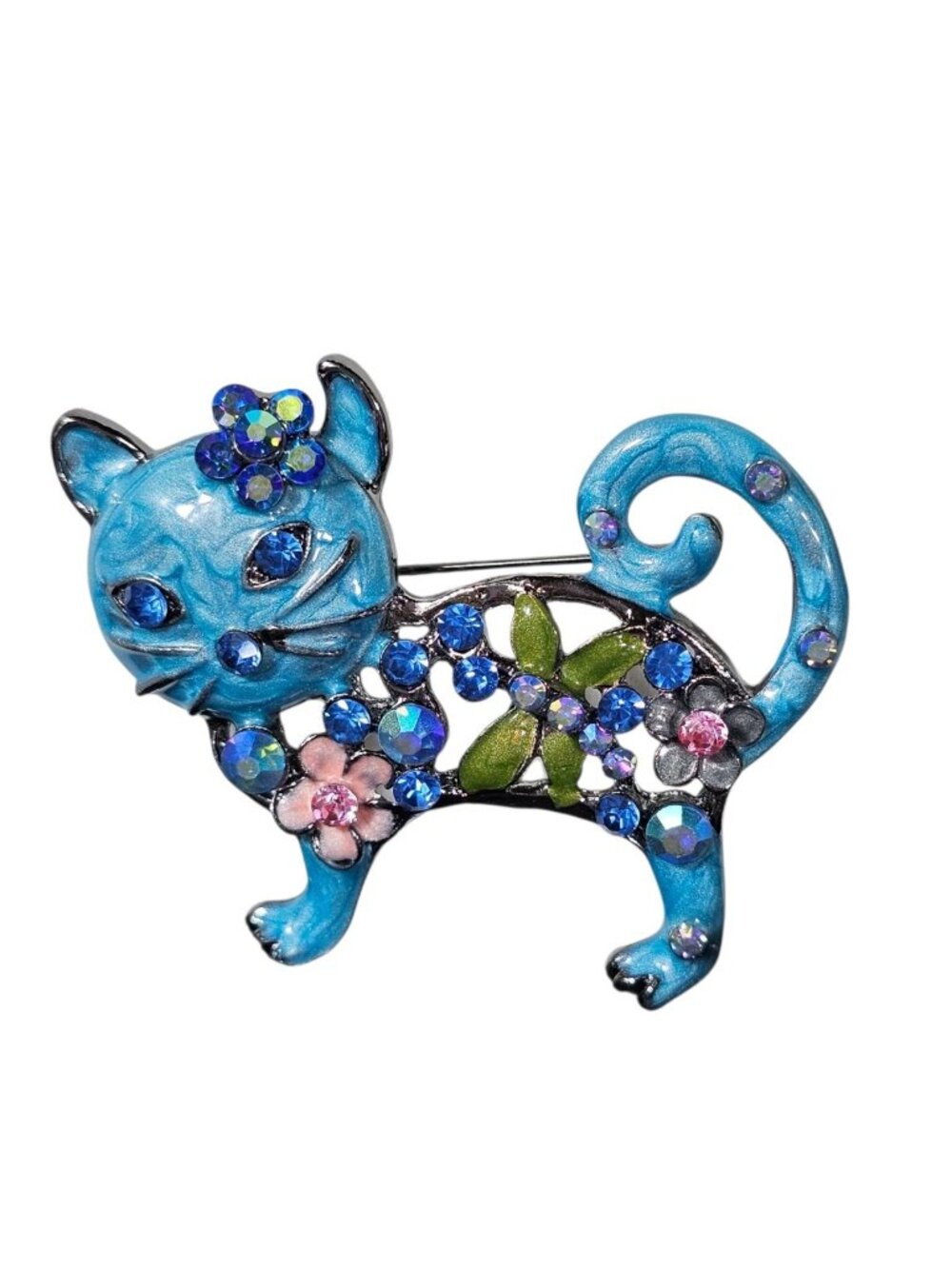 Betsy Johnson BROOCH Pendant PIN 1.9" ANIMAL RHINESTONE ENAMEL BLUE CAT FLOWER - Picture 1 of 8